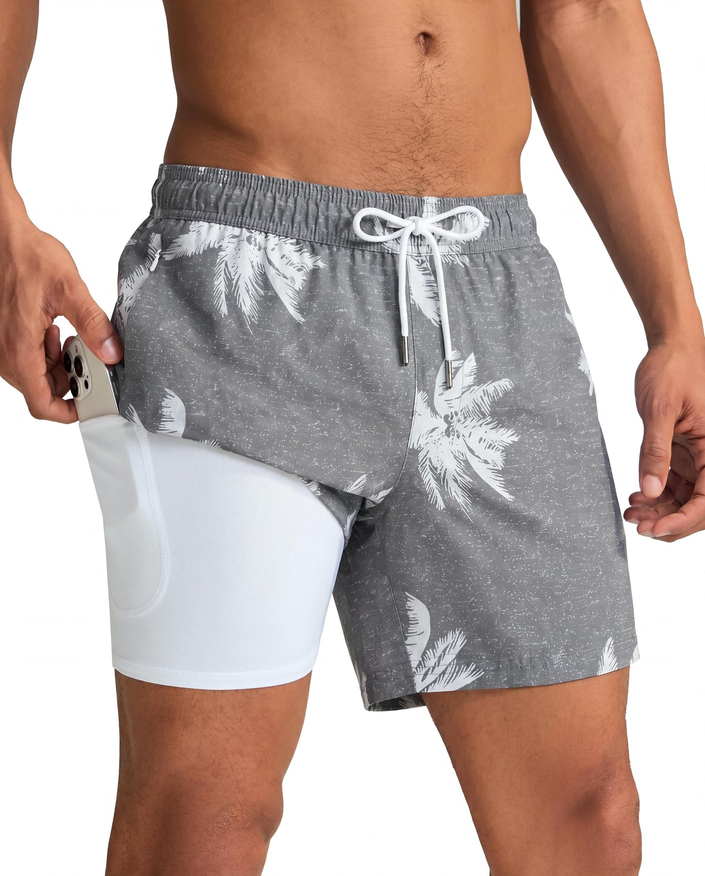 maamgic Mens Swim Trunks with Compression Liner 5 Inch, Quick Dry Bathing Suit with Zipper Pockets, Stretch No-Chafing Swim Shorts, Gray-Palm Tree X-Small