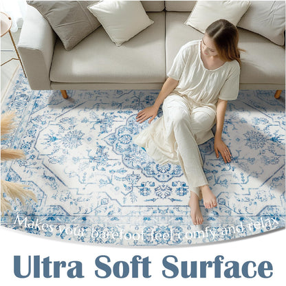 jinchan Area Rug 5x7 Medallion Floral Washable Rug Non Slip Vintage Soft Carpet for Living Room Bedroom Dining Room Distressed Blue