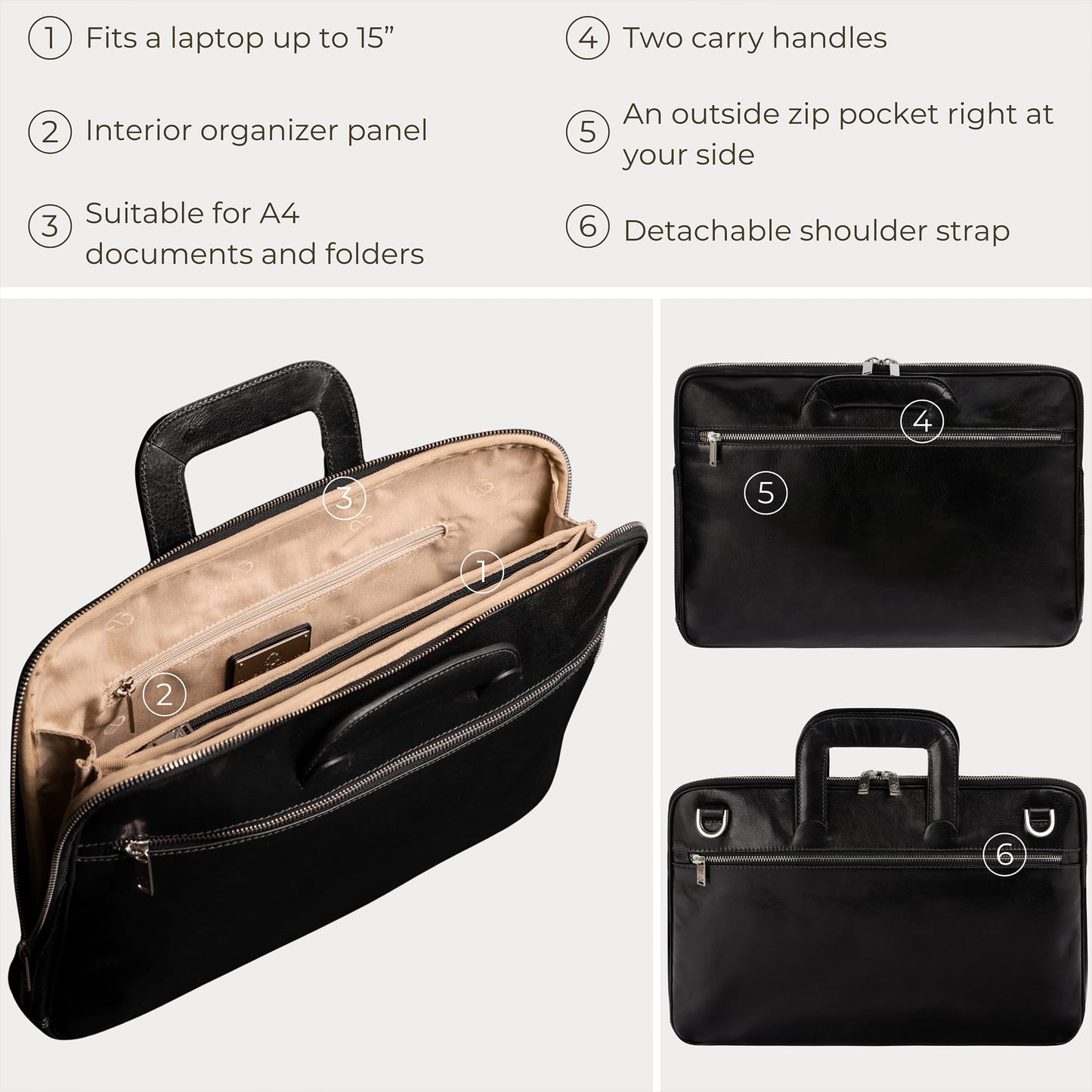 Time Resistance Slim Leather Briefcase - Italian Handmade Leather Laptop Bag for Men and Women (Black)
