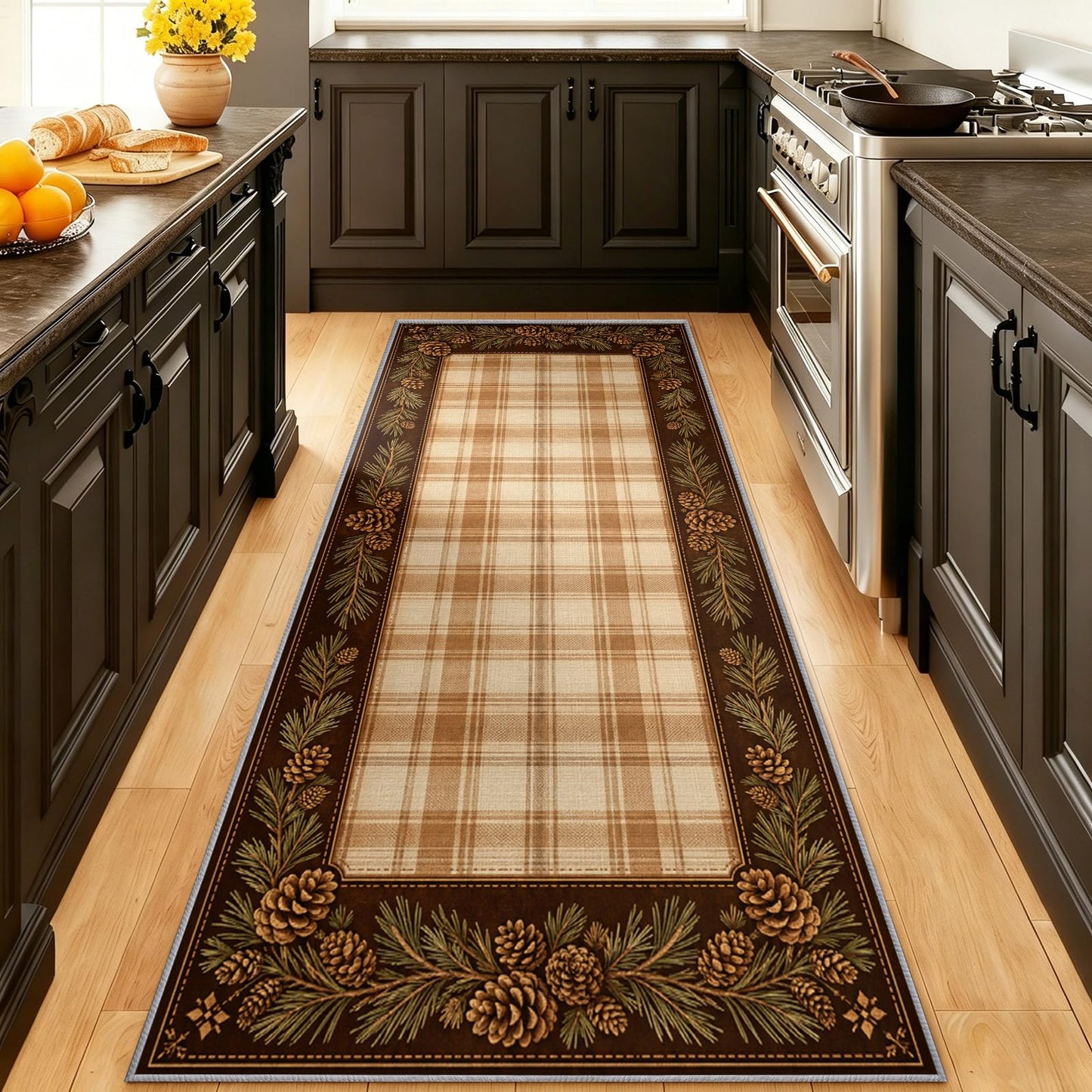 Rustic Cabin Runner Rug 2x10 Earth Tone Plaid Hallway Runner Rug, Pinecone Plaid Border Rugs, Western Rugs for Hallway, Non-Slip Washable Low Pile Entryway Carpet for Kitchen Living Room Bedroom