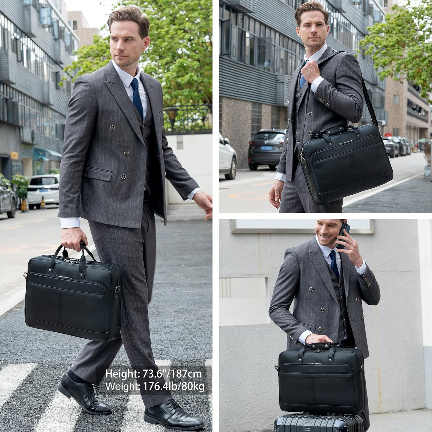 Masa Kawa Leather Briefcase for Men 17 Inch Laptop Crossbody Shoulder Messenger Office Bag Black Attache Case Handbag for Business Travel Work Lawyer Large