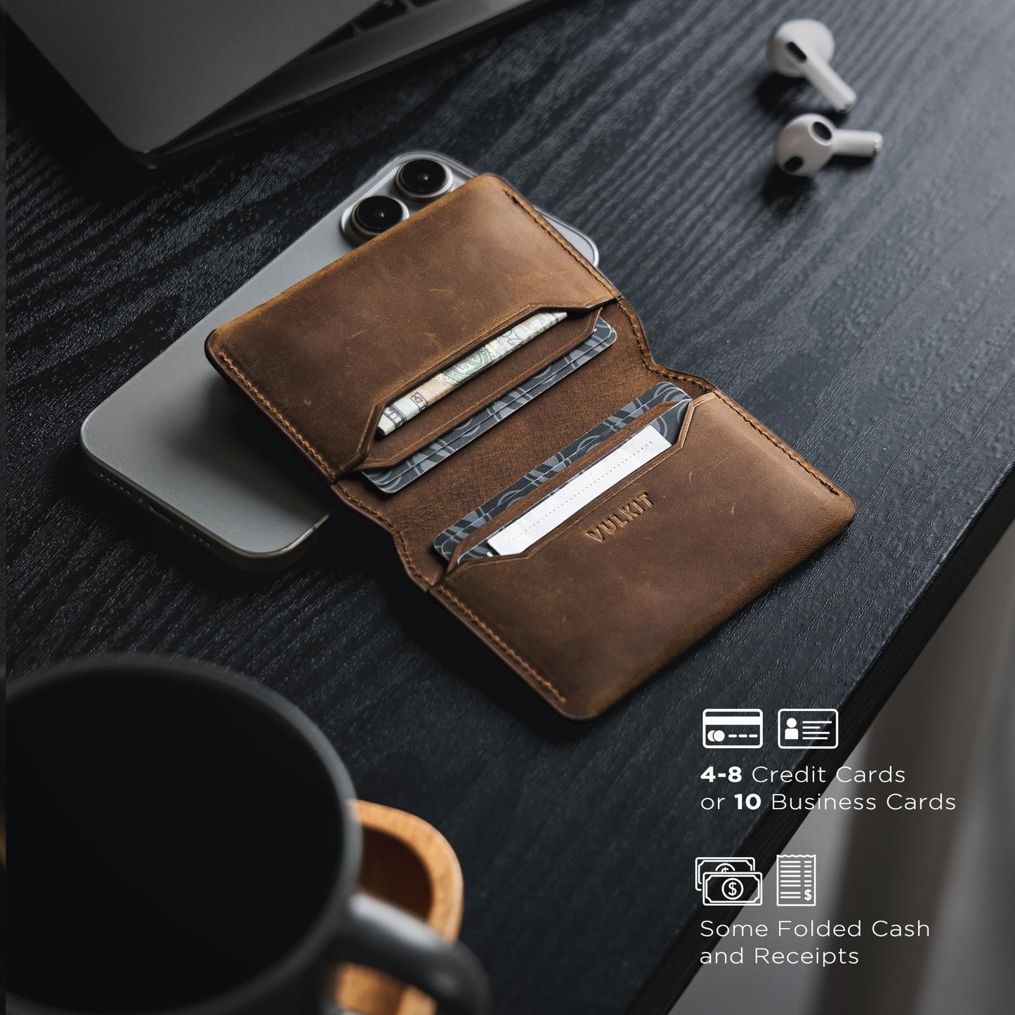 VULKIT Slim Minimalist Card Holder RFID Blocking Leather Credit Card Holder Front Pocket Wallet Magnetic Closure, Handcrafted Cowhide Version