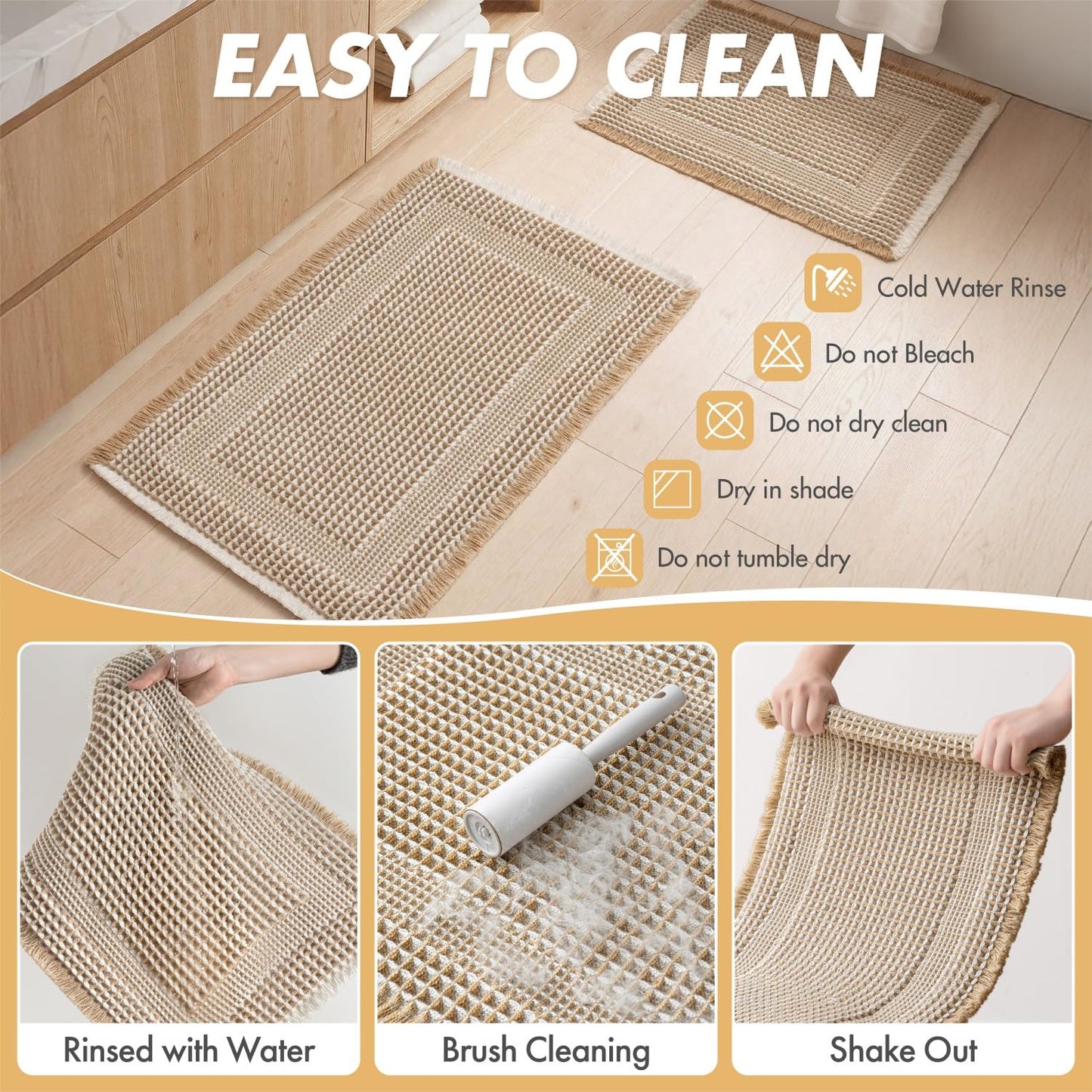 MIULEE Set of 2 Waffle Bathroom Rugs, Boho Bath Rug Super Absorbent, Non Slip Washable Ultra Soft Rubber Backed Beige Bath Mats for Floor, Tub, Shower, Looped Design, Brown & Cream, 17"x24"+18"x30"
