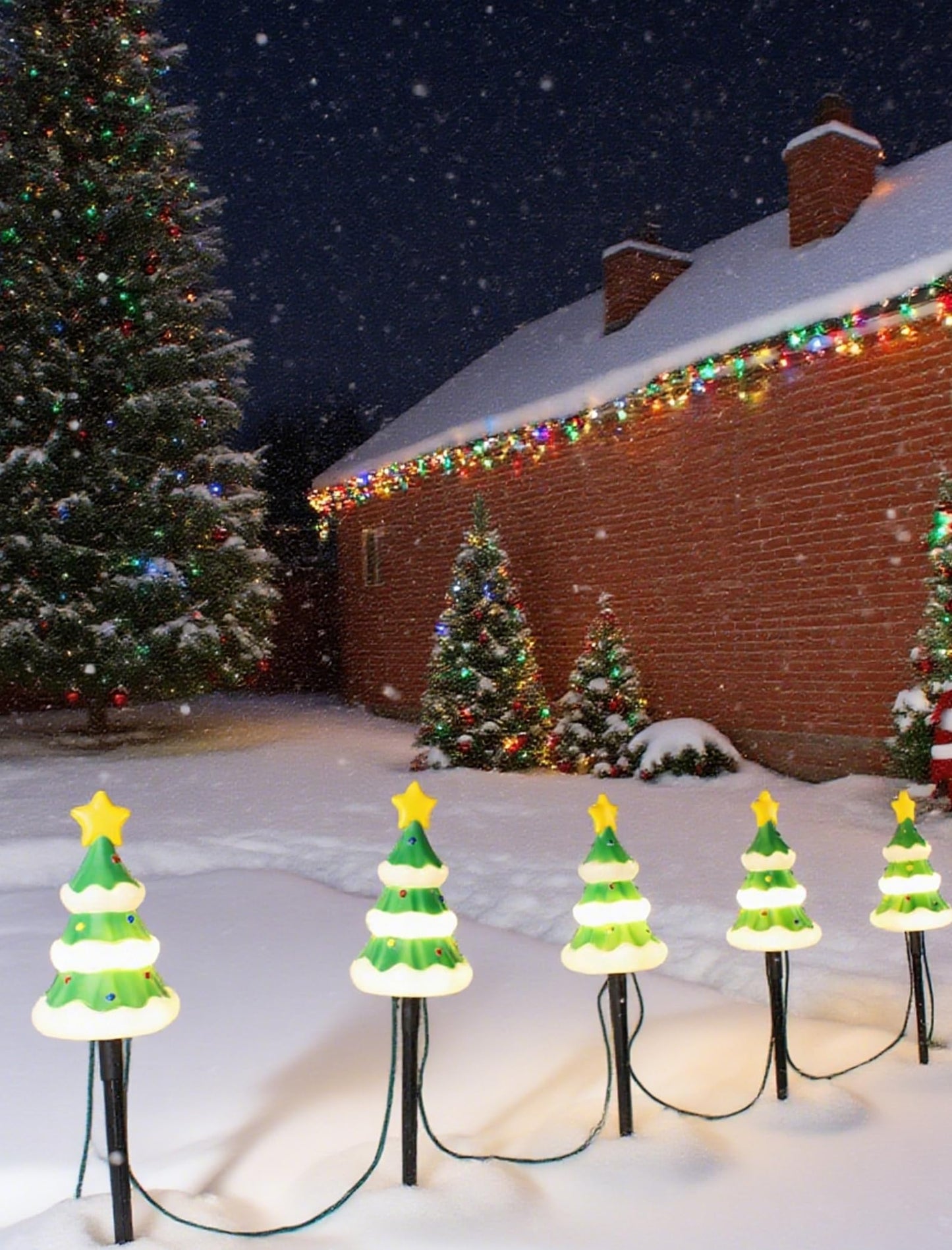 Hobbynors 5 Pack Christmas Decorations Outdoor Pathway Lights, Enchanting Christmas Tree Yard Stakes, Waterproof Holiday Decor Lights for Walkway, Lawn, Garden - Warm White LED