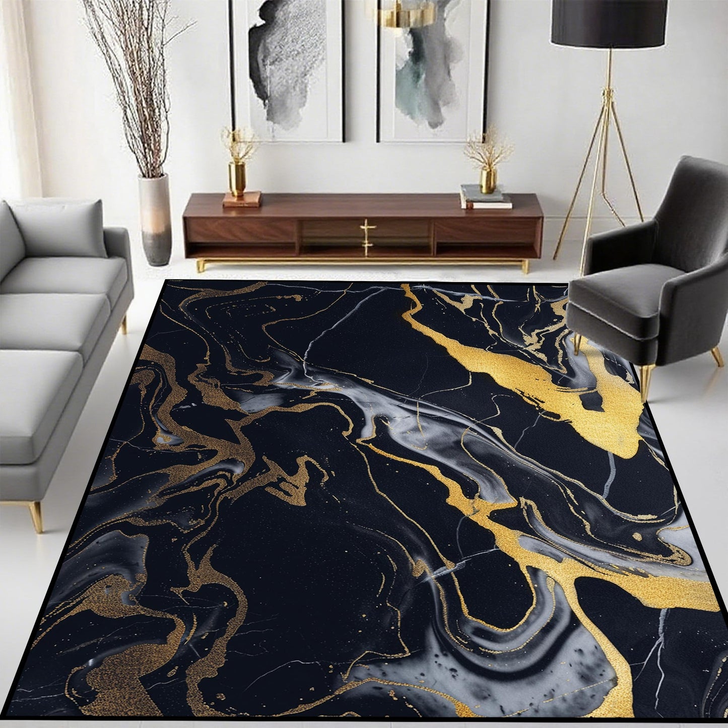 VTKON 5' x 7' Marble Area Rug for Living Room Bedroom Dining Room Black Gold Marble Rug Marble-Patterned Carpet Marbled Throw Rug for Kids Adults Washable Floor Mat Non-Slip Carpet Game Room Decor