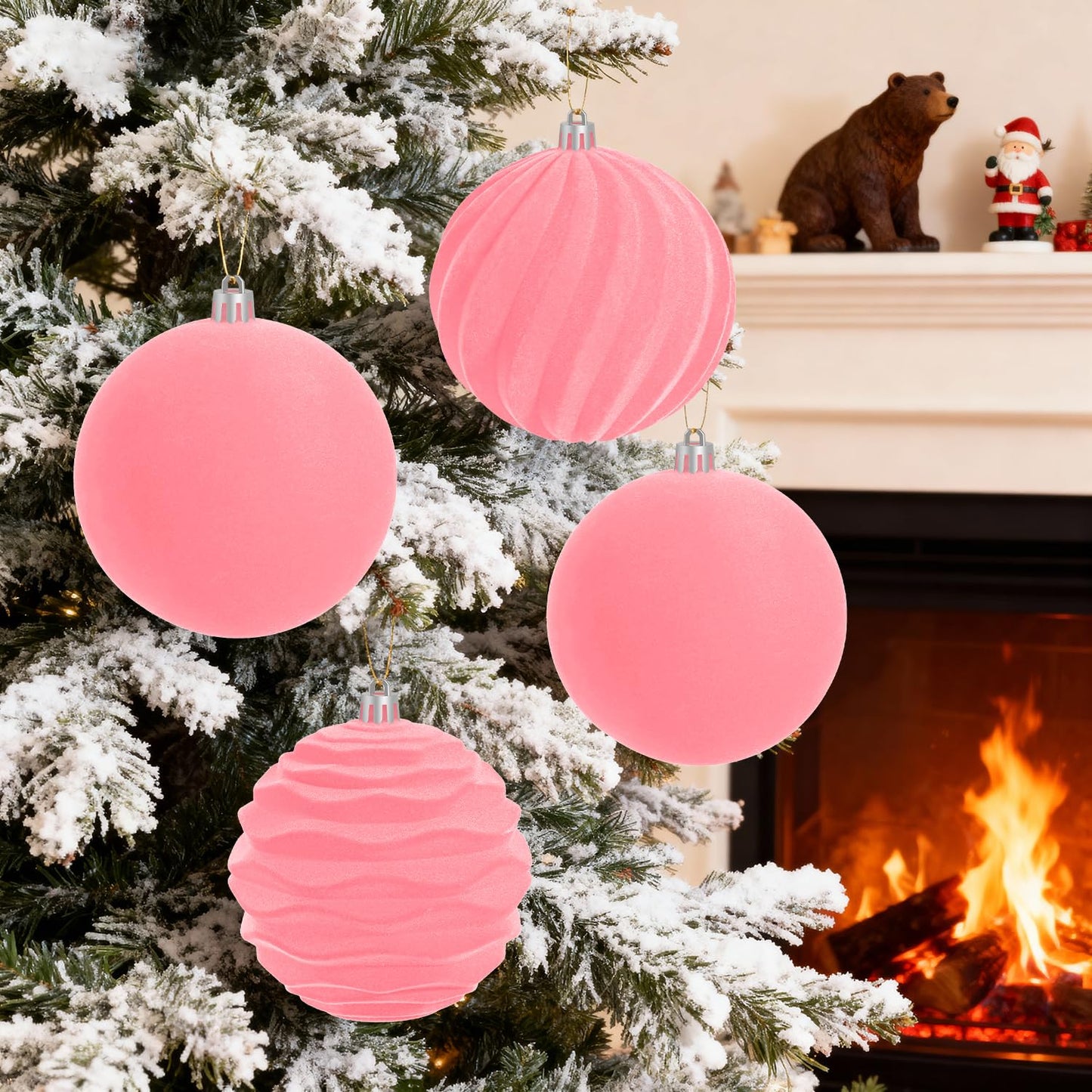 Artmag 4 PCS Large Velvet Christmas Balls Ornaments Shatterproof Hanging Set Flocked for Xmas Tree Holiday Party Decorations (Pink,4 Inch)