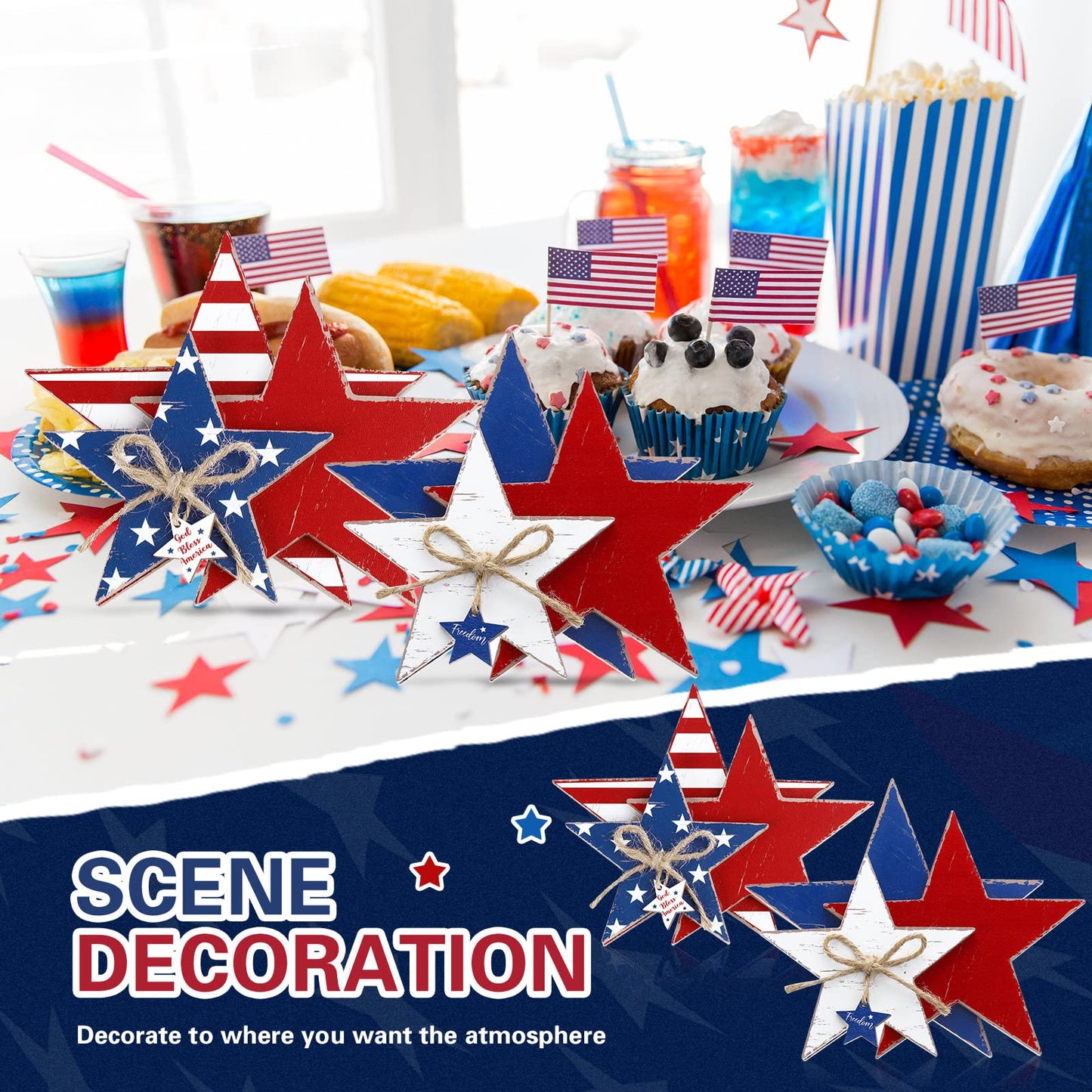 Pinkunn 2 Pcs 4th of July Wooden Star Decoration 250th Anniversary Large Faith Sign Patriotic Wooden Home Table Decor for Living Room Dining Table Centerpieces Memorial Day Decorations