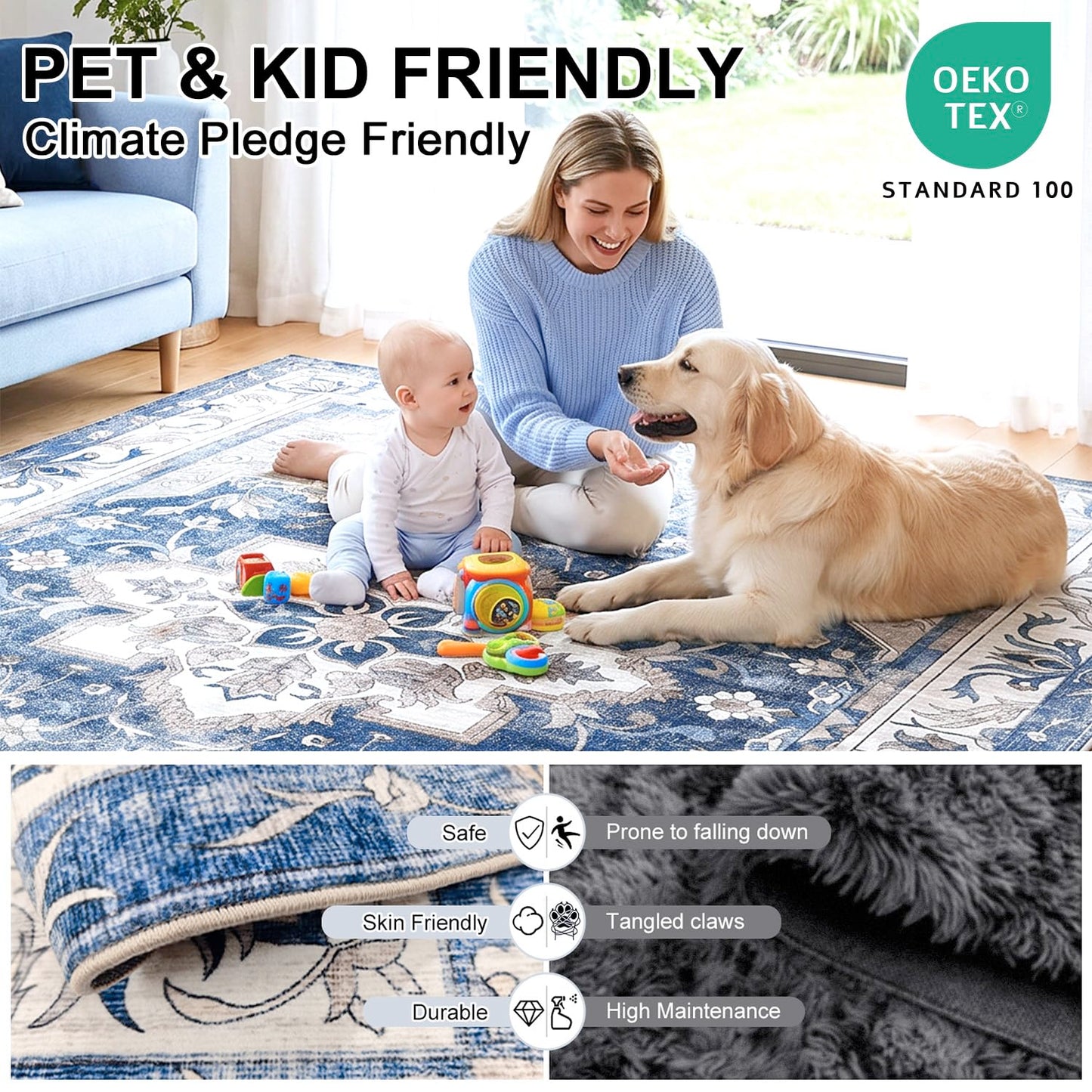 Cnythlis Washable Area Rug 9'x12', Non-Slip 0.3" Low Pile Rug for Living Room Bedroom, Pet Friendly Boho Farmhouse Floral Carpet, Stain Water Resistant, Extra Large, Slate Blue & Ash Gray