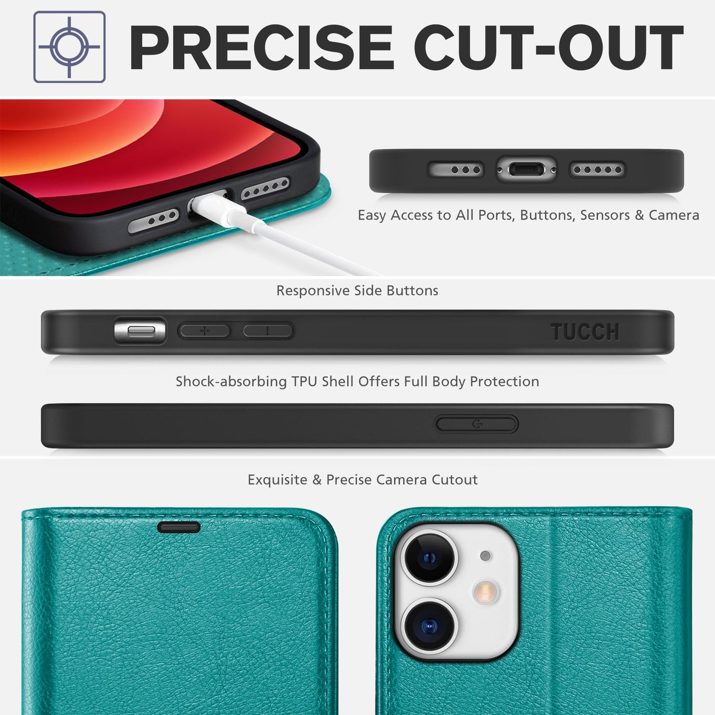 TUCCH Case for iPhone 12, Shockproof Wallet Case [RFID Blocking ] Card Holder, Synthetic Leather Cover Stand Full Protection Compatible with iPhone 12/12 Pro (6.1 Inch, 2020) – Cyan