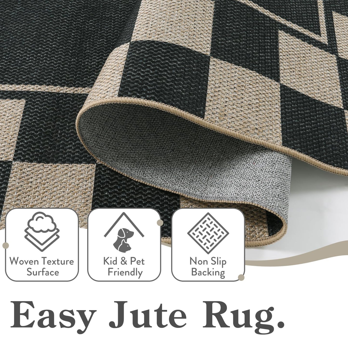 Moynesa Checkered Easy Jute 5x7 Area Rugs for Living Room, Washable Outdoor Patio Rug for Backyard Porches Non Slip, Black Farmhouse Carpet for Dining Room Balcony