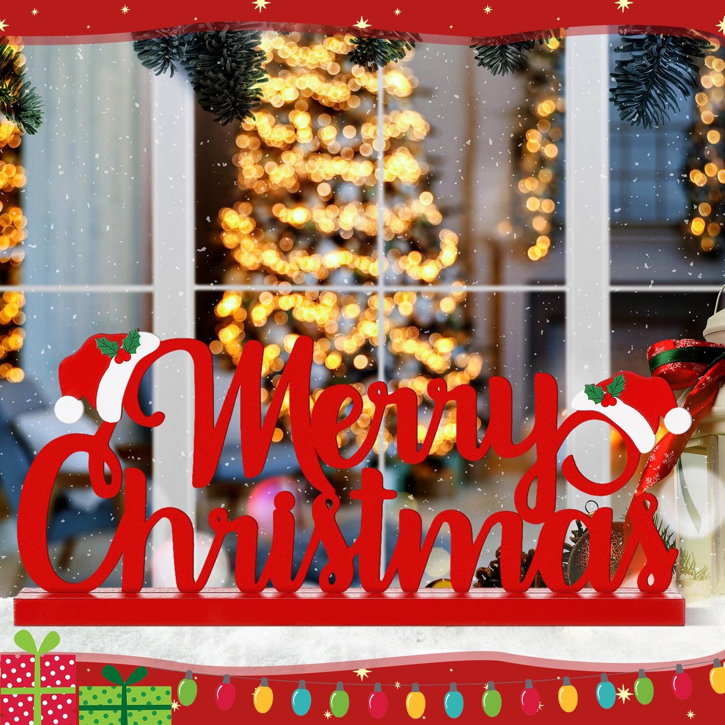 Realspring Merry Christmas Metal Sign Red Christmas Table Decoration Xmas Tiered Tray Decor Freestanding Metal Word Sign with Wooden Base for Xmas Home Tabletop Centerpiece Mantel Fireplace