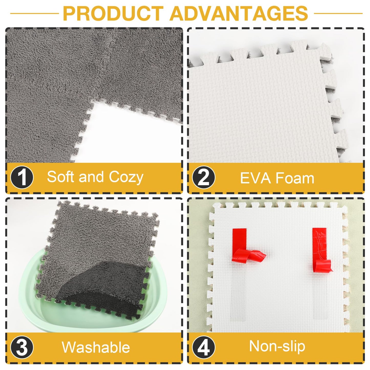 36 Pcs Plush Interlocking Carpet Tiles, Non-Toxic Shaggy Foam Carpet Tiles for Toddler Baby, Anti-Slip, EVA Foam Interlocking Tiles for Floor, Nursery, Playroom, Grey