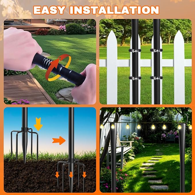 4 Pack 10Ft String Light Poles, Metal Poles with Fork for Outside Lights,Outdoor Metal Light Stand with Fence Brackets Hanging Lights for Garden Patio Wedding Backyard Deck Party