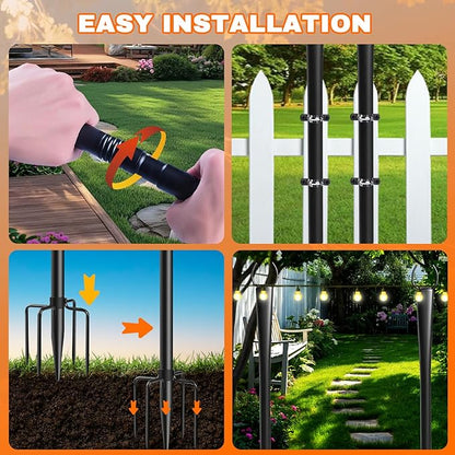 6 Pack 10Ft String Light Poles, Metal Poles with Fork for Outside Lights,Outdoor Metal Light Stand with Fence Brackets Hanging Lights for Garden Patio Wedding Backyard Deck Party