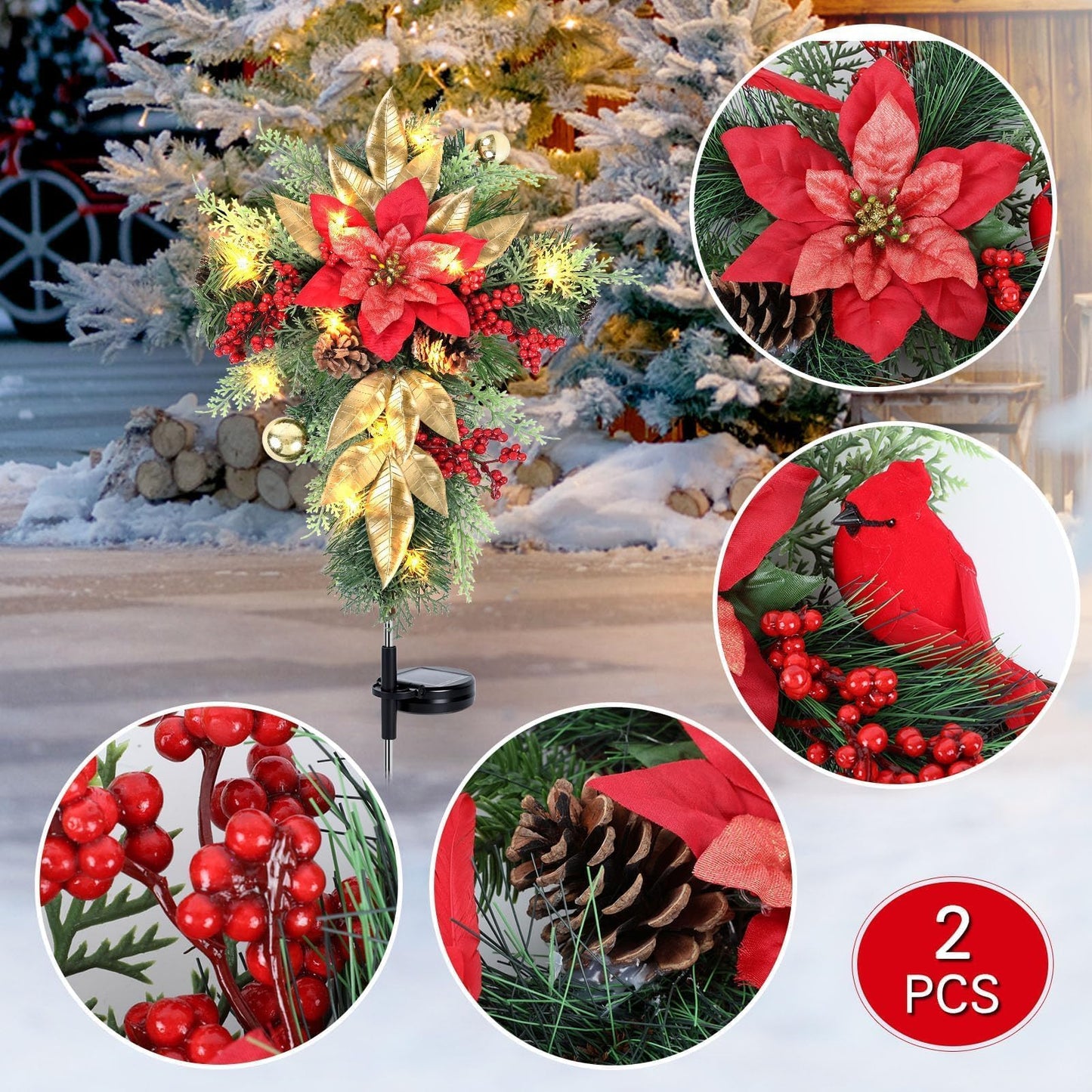 2 Pack 36" Solar Christmas Decorations Outdoor Christmas Cross Stake Lights Waterproof Cemetery Grave Decoration Faux Poinsettia Pine Cones Berries Ornament Stakes for Garden Yard Patio Lawn Cemetery