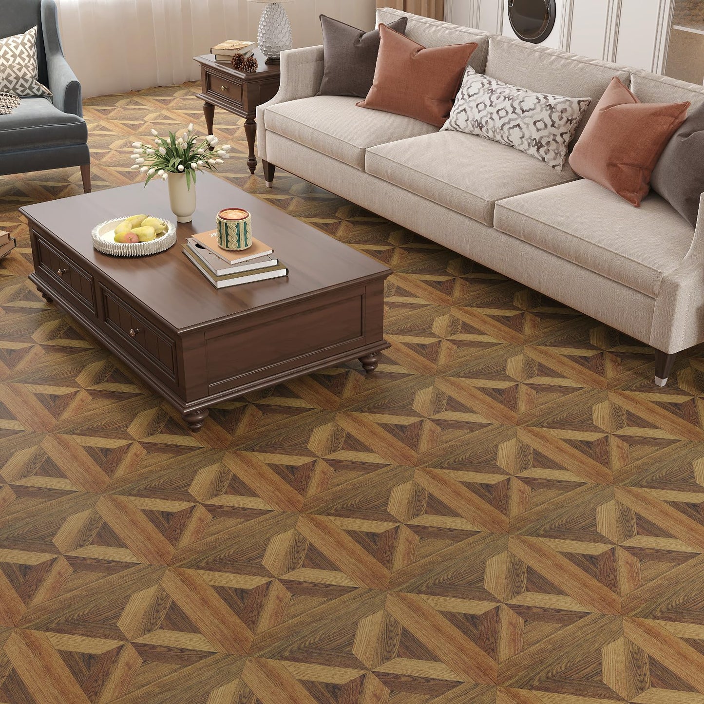VEELIKE Peel and Stick Vinyl Flooring Roll Waterproof Self Adhesive Wood Grain Parquet Peel and Stick Floor Tile 12''x59'' Vinyl Sheet Linoleum Flooring Roll for Kitchen Bathroom Bedroom Living Room