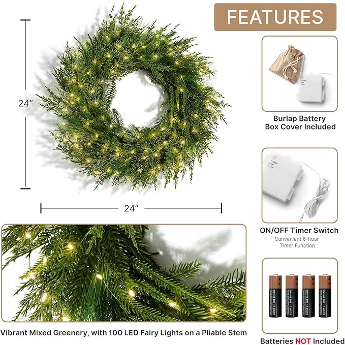 LampLust Winter Wreaths for Front Door Outside, 24 Inch Alpine Fir, Hemlock & Cypress Evergreen Wreath, 100 LED Lights, Battery Powered, Timer, Farmhouse Wreath Year Round, Winter Wreaths for Indoors