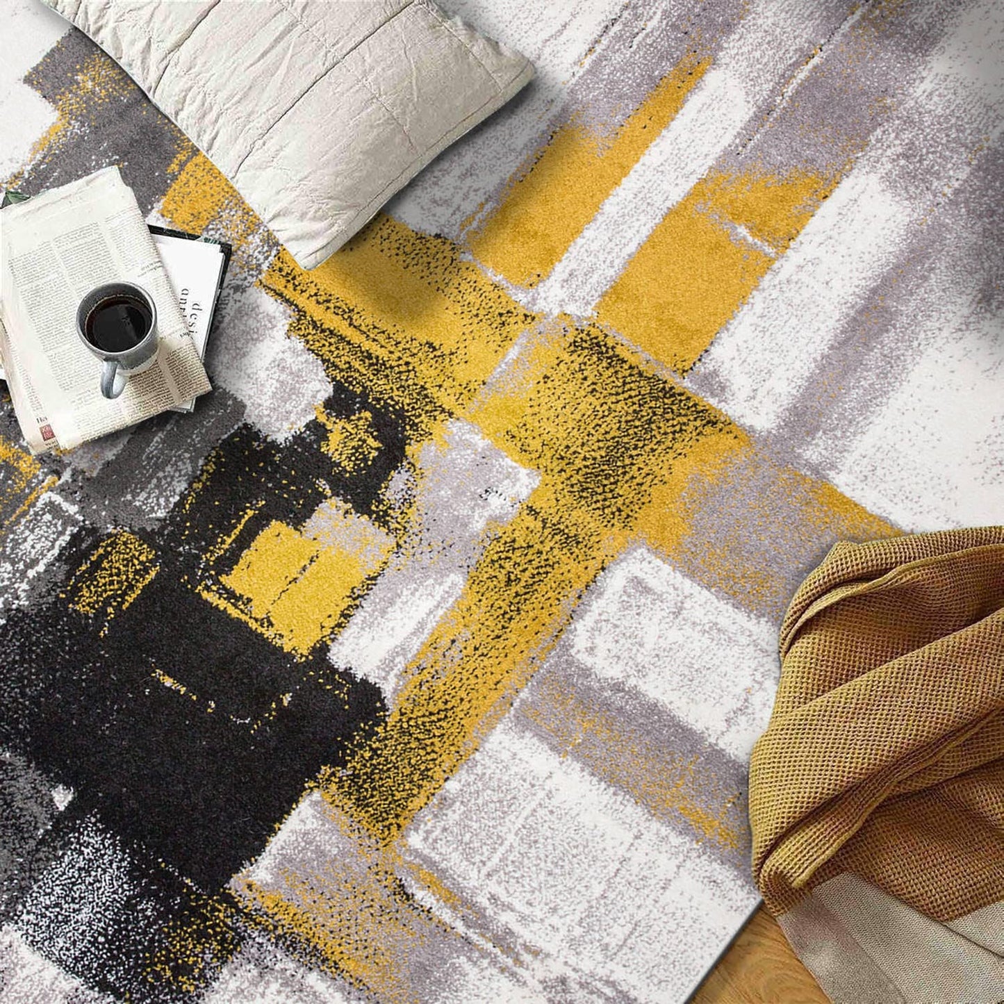 Rugshop Gold Modern Abstract Area Rug — Non-Shedding for Living Room, Dining Room and Office 6'6" x 9'