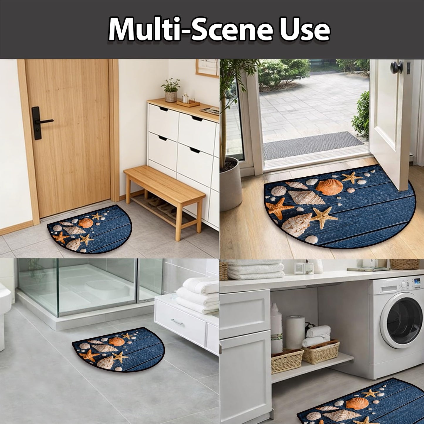 NYZE Half Circle Door Mat Indoor Outdoor Three-Proof Velvet Semi Circle Rug, Non-Slip Half Moon Entryway Rug for Bathroom, Kitchen, Half Round Door Mat (Seashell on Blue Wood, 24x36 inch)