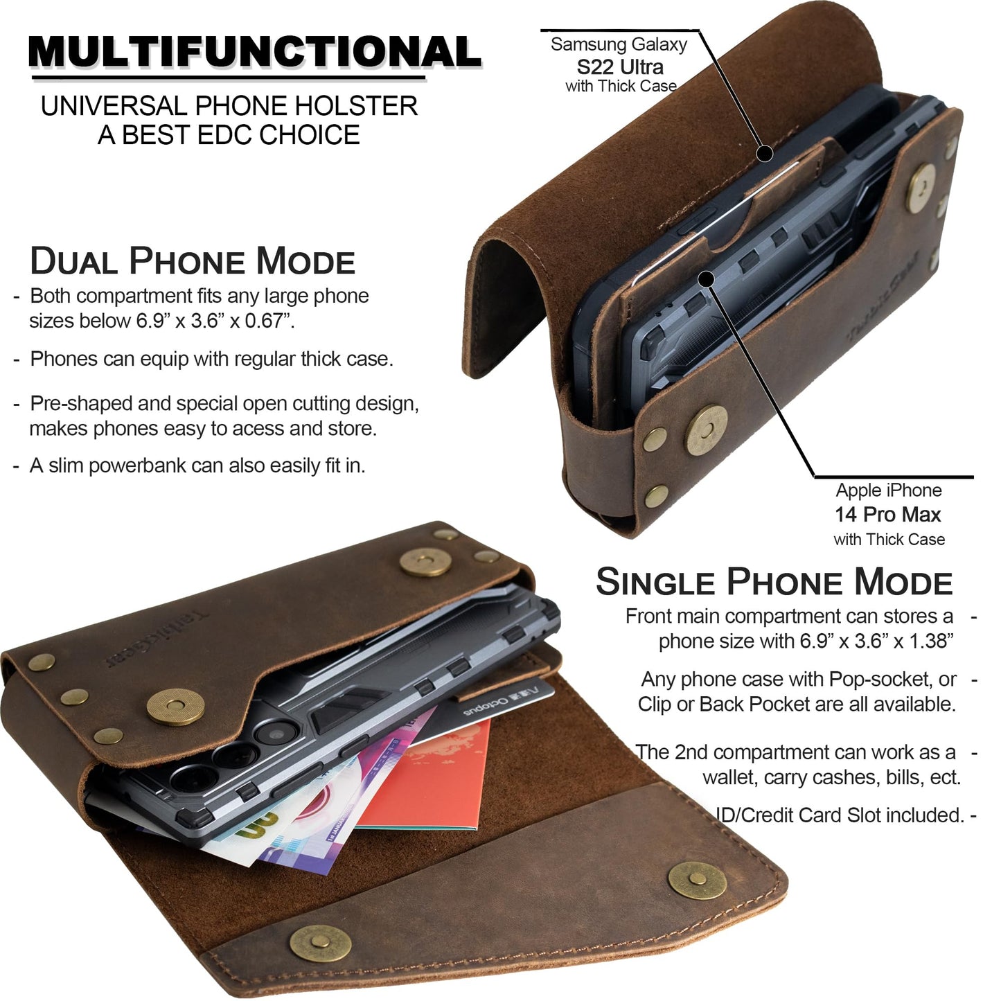 TarbicGear Leather Double Phone Case for Two Phones, Double Phone Holster for Men Belt, Belt Clip Dual Phone Pouch for iPhone 16 Pro Max, Samsung Galaxy S23 Ultra, for Work, Construction, Large Brown