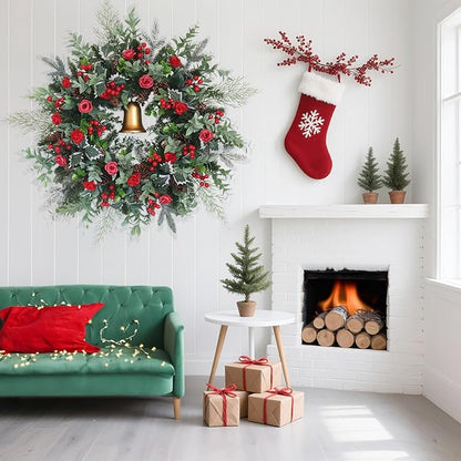 30inch Christmas Wreath, Artificial Winter Wreaths for Front Door with Bell Pinecone Berries for Outdoor Indoor Wall Tree Table Farmhouse Holiday Wedding Birthday Party Decorations