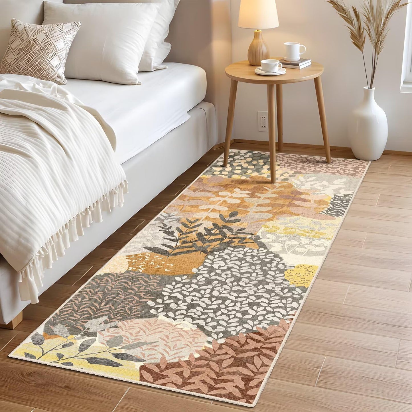 DEXDE Runner Rug 2x6 Fall Washable Hallway Boho Soft Area Rugs Abstract Long Non Slip Botanical Leaves Floral Print Carpet for Entryway, Kitchen, Laundry, Bathroom, Bedroom,Camel