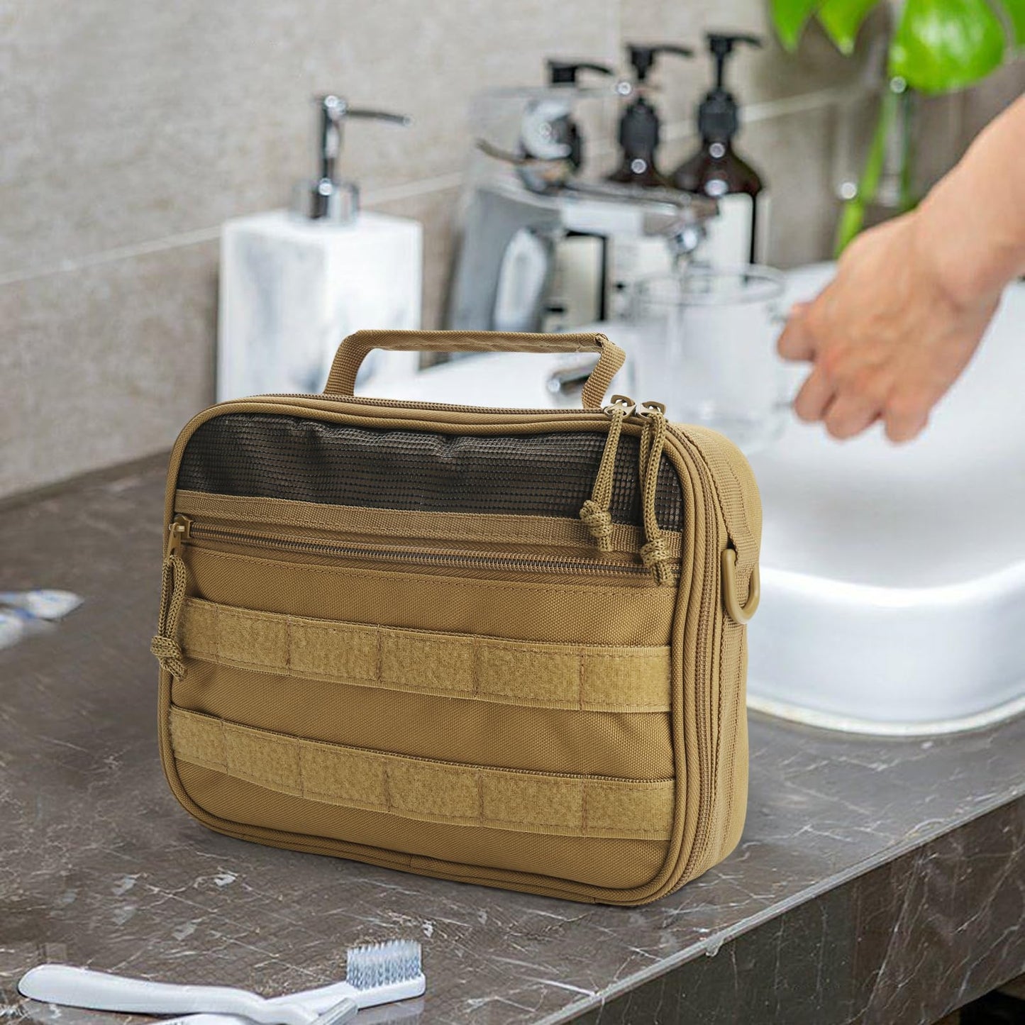 SUNRISING Tactical Travel Toiletry Bag for Men and Women, Hanging Travel Toiletry Organizer Dopp Kit, Toiletries Shaving Hygiene Bathroom Bag,Men's Toiletry Bag for Short Trips Camping - Khaki