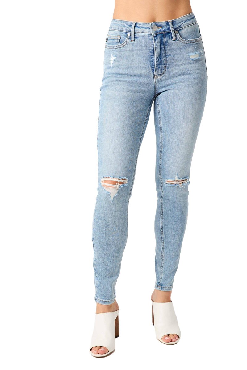 Judy Blue Women's Mid Rise Tummy Control Destroy Skinny Jeans (Light Blue, 14W)