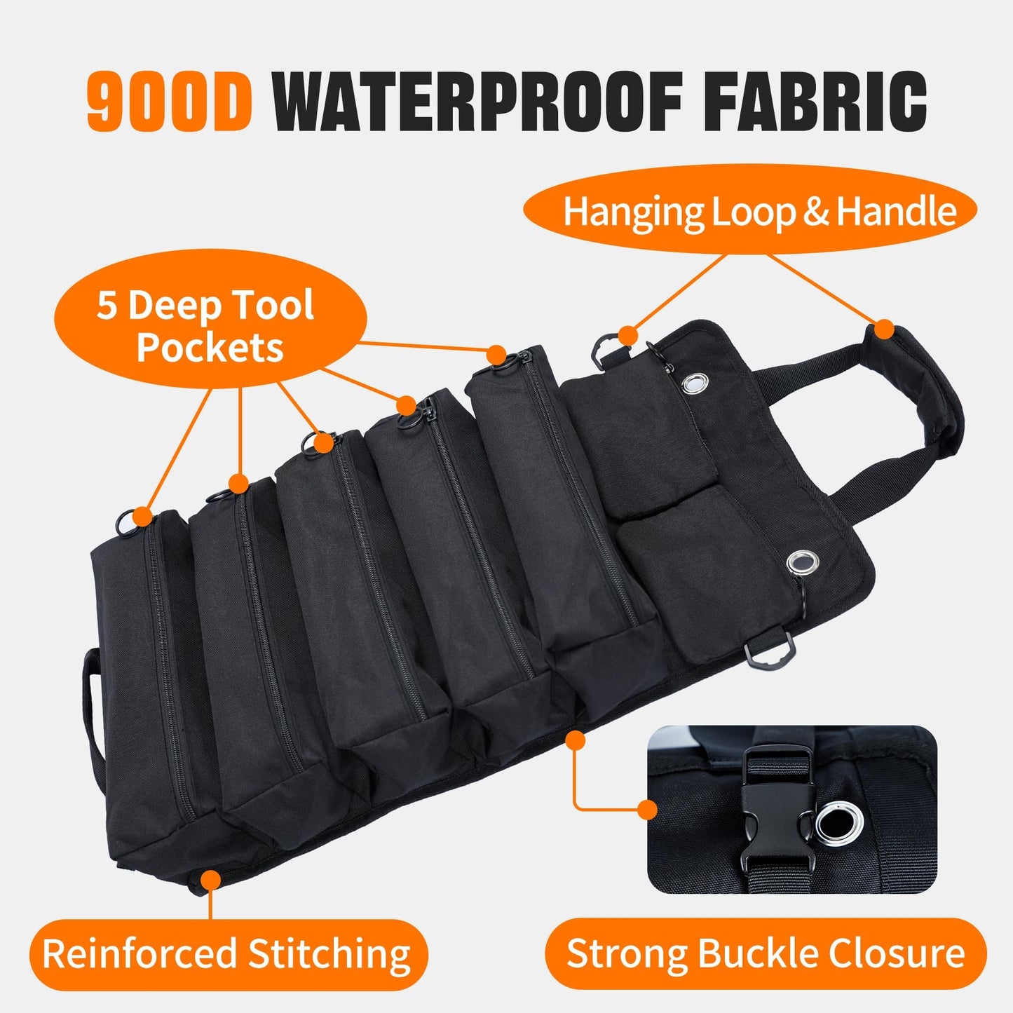 AASTT Portable Foldable Roll Up Tool Bag, Heavy Duty Tool Organizer Bag with 5 Compartments & 2 Detachable Pouches for Tools Storage, Waterproof Tool Roll Bag for Dad Men Electrician Mechanic Gifts