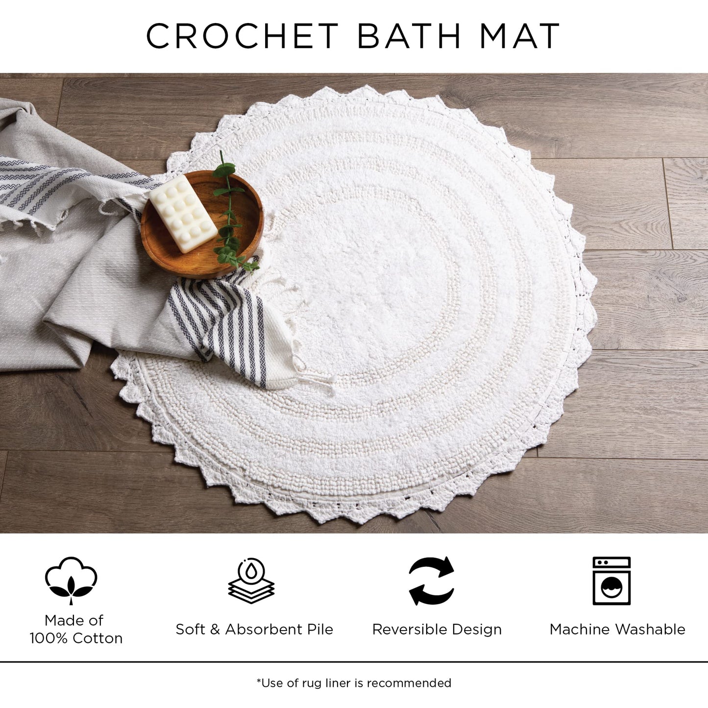 DII Crochet Collection Reversible Bath Mat, Small Oval, 17x24, French Blue