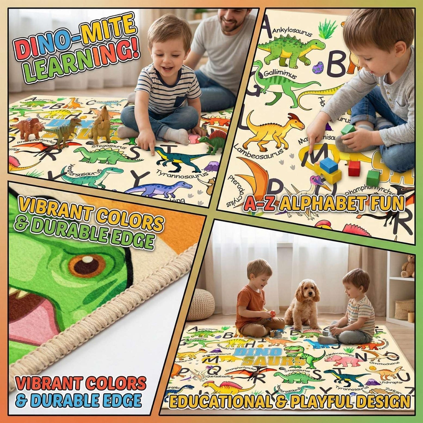 HBUFBUQ Dinosaur Area Rug with ABC Alphabet, Kids Rugs for Playroom 3x5, Non Slip Educational Play Mat for Bedroom Nursery Classroom, Toddler Learning Carpet