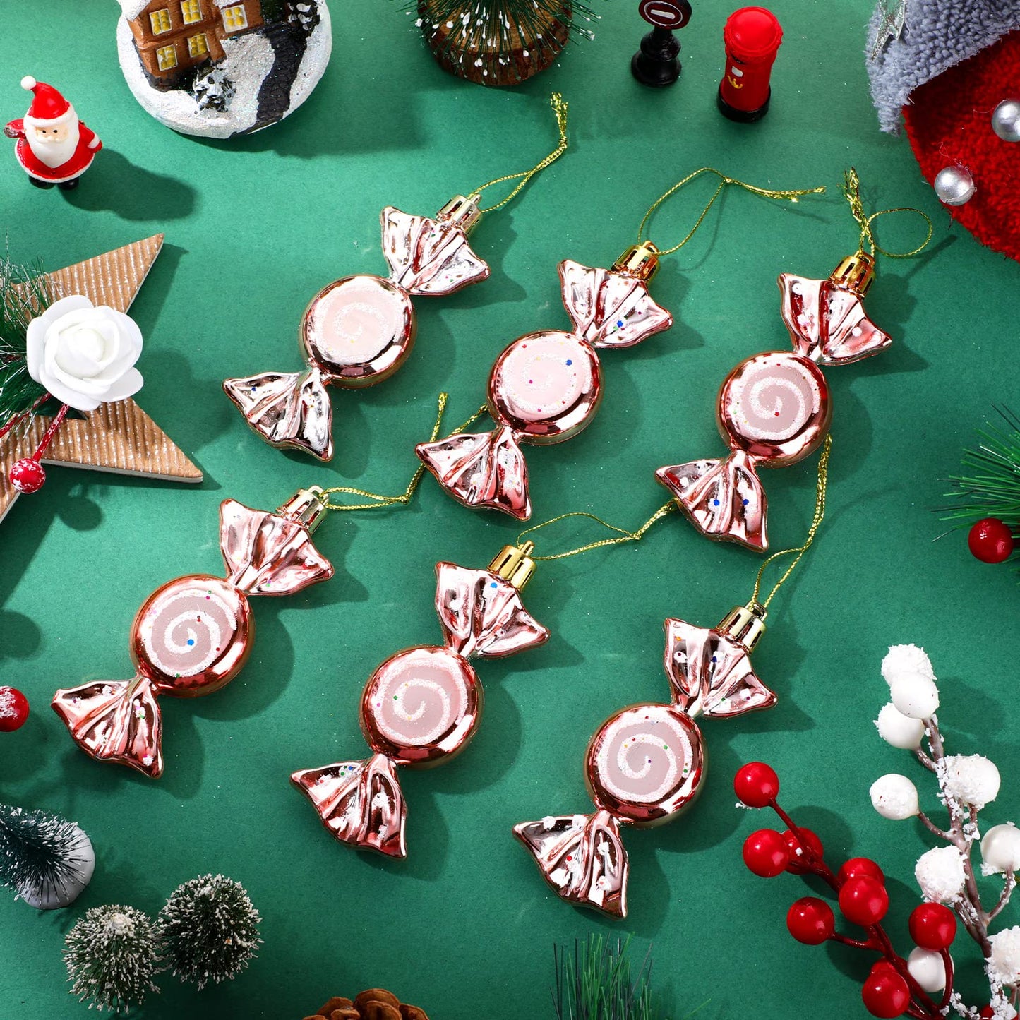 Threan 12 Pcs Christmas Candy Ornaments for Tree Decoration Hanging Glitter Candy Cane Christmas Peppermint Ornament with Golden Rope for Xmas Holiday Decoration(Rose Gold,Plastic)