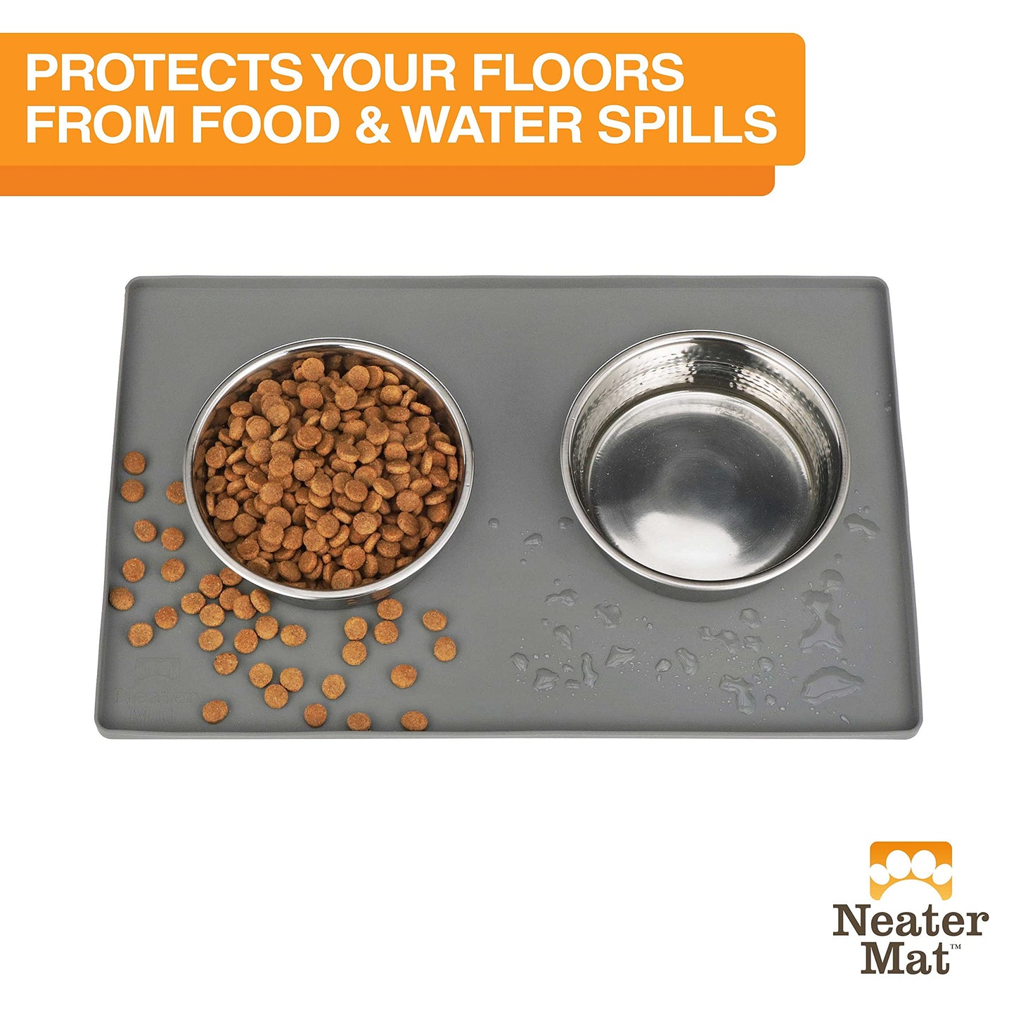 Neater Pet Brands Neater Mat Cat & Dog Food Mat, Waterproof & BPA-Free Silicone Placemat with Raised Edge for Under Food and Water Bowls, 19" x 12", Gunmetal Grey