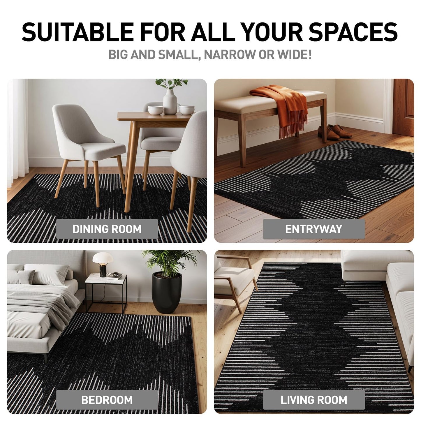 Rugshop Bohemian Stripe Stain Resistant Carpet High Traffic Living Room Kitchen Bedroom Dining Room Large Areas Basement Open Spaces Area Rug 8' x 10' Black