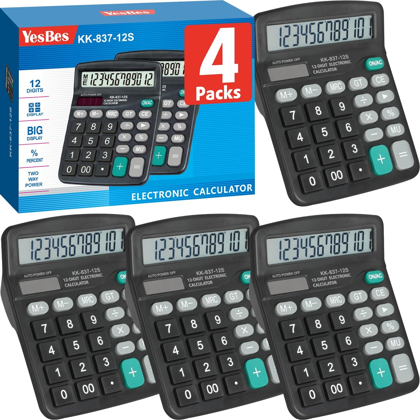 4 Pack Calculator Bulk, 12 Digits Calculators Desktop with Large LCD Display and Sensitive Butto, Solar and Battery Dual Power, Desk Calculator