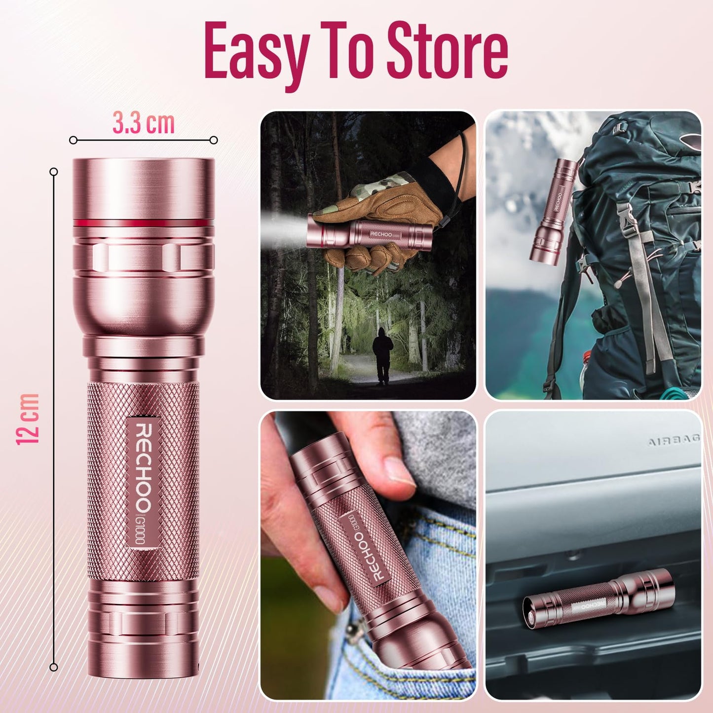 Flashlight Rechargeable High Lumens, G1000 Super Bright Flash Light Pink, Small Zoomable LED Flashlight with 3 Lighting Modes, Portable Tactical Flashlight for Camping Essentials, Gifts for Women
