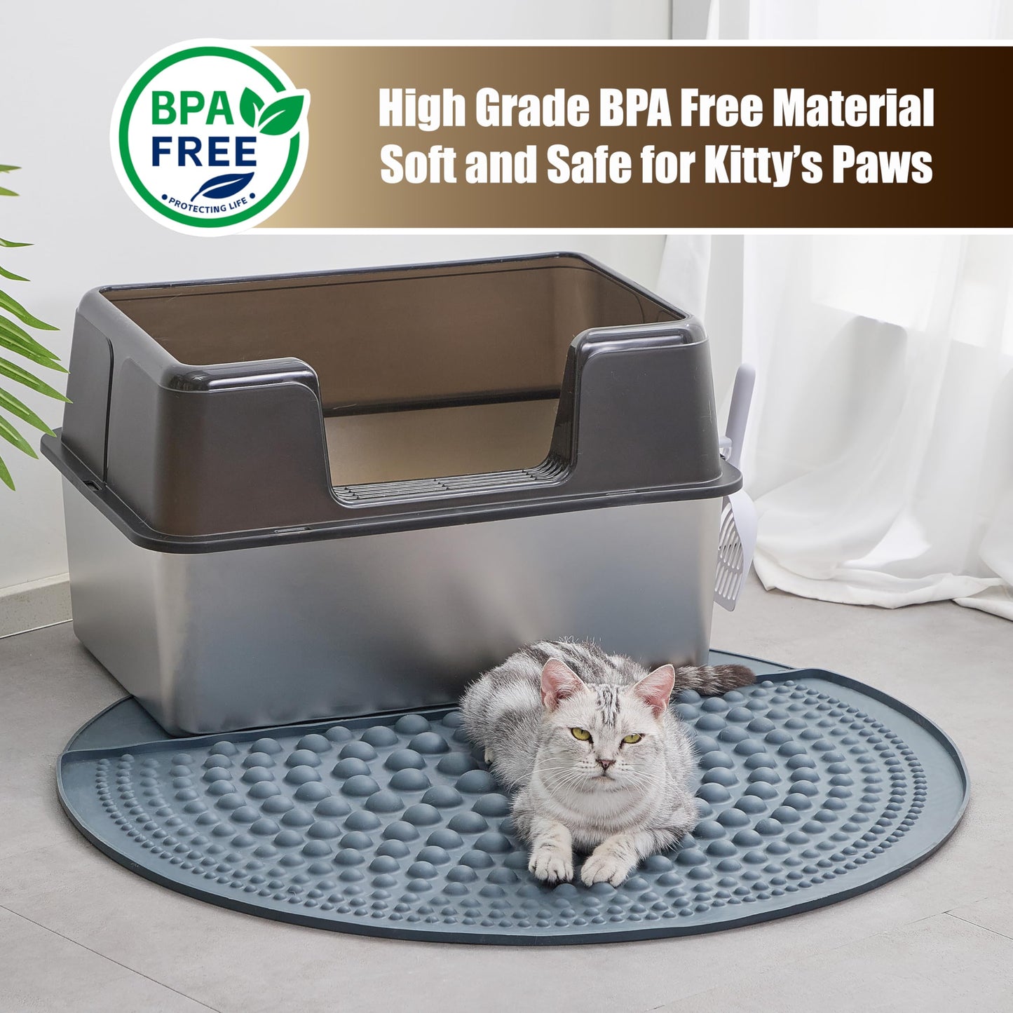 PetPals Silicone Cat Litter Trapping Mat,32" Round Waterproof & Non-Slip Litter Catcher, Self-Cleaning Litter Box Mat, Large Litter mat for Automatic Litter Box, Grey