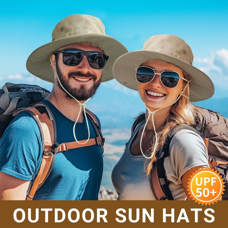 PFFY Sun Boonie Hats for Men UPF 50+ Bucket Hat for Fishing Hiking Safari Hunting Khaki（with Webbing