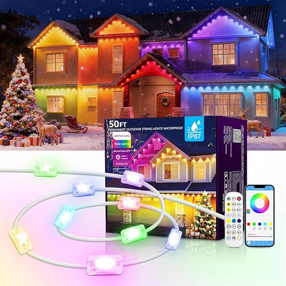 50FT Christmas Permanent Outdoor Lights,RGB+IC Eaves Lights with App & Remote Control,DIY Multi-Color Scene Modes,IP67 Waterproof,Outdoor Strings for House,Holiday Decorations for Christmas
