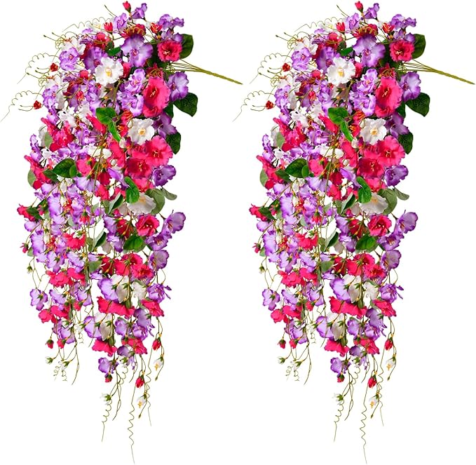 Artificial Flowers for Outdoors 2 Pack Fake Hanging Plants with Faux Hibiscus Flowers Summer Fall Decor UV Resistant Silk Leaves for Indoor Outdoor Front Door Porch Patio Planter Decor