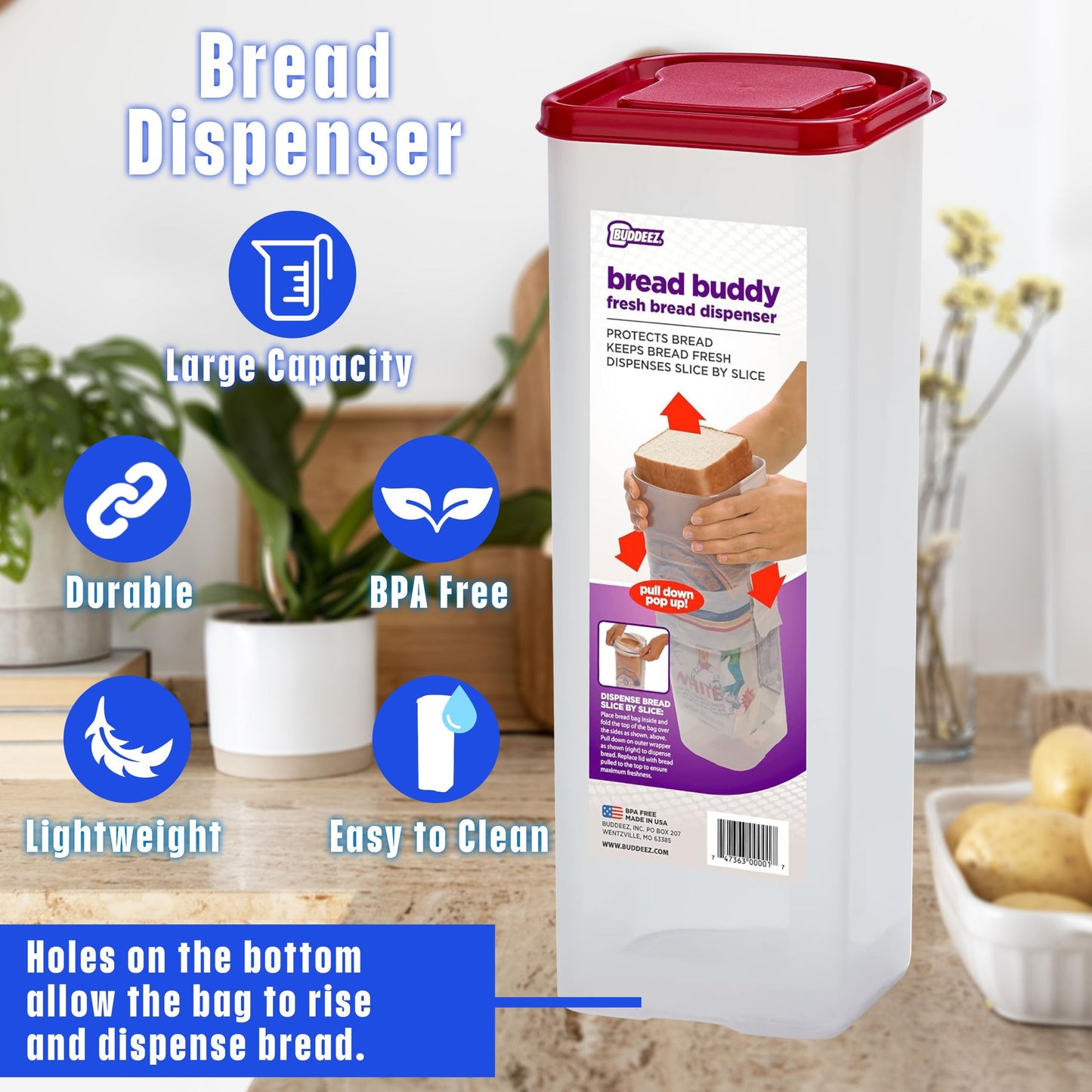 Buddeez Bread Buddy Bread Box – Keeps Loaves Fresh - Holds 1 Loaf of Sandwich Size Bread