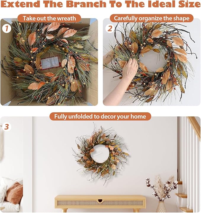 26 Inch Fall Wreath for Front Door Pip Berry Pinecone Autumn Wreath with Pine Needle and Magnolia Leaves, Large Grapevine Wreaths for Fall Door Decor Farmhouse Wall Window Home Decoration