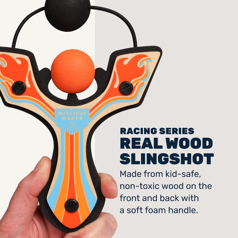 Mighty Fun! - Mischief Maker® Wooden Slingshot - Racing Series - Real Wood Slingshot for Kids, 4 Soft Foam Balls and Storage Bag - Ages 4+ (Orange)