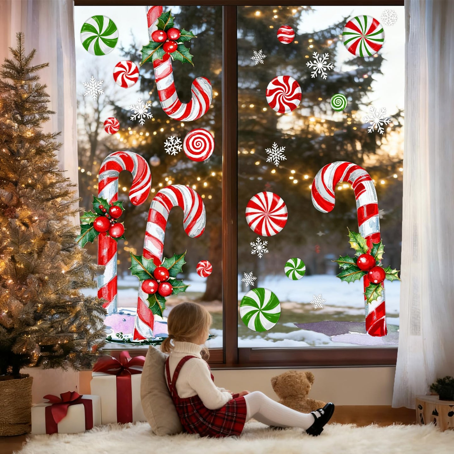 Whaline 13.8 x 35.4'' Extra Large Christmas Window Clings Red Green Candy Cane Holly Berry Window Stickers Double Sided Glass Decals for Winter Xmas Home Classroom Office Party Decoration, 3 Sheets