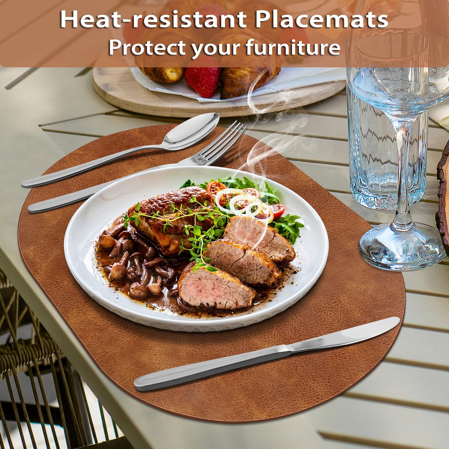 ADRIMER Placemats, Heat Resistant Oval Placemats Set of 8 Washable 12 x 17 Inch, Waterproof Table Mats, Wipeable Pu Place Mats for Kitchen, Dining Room, Turmeric Brown