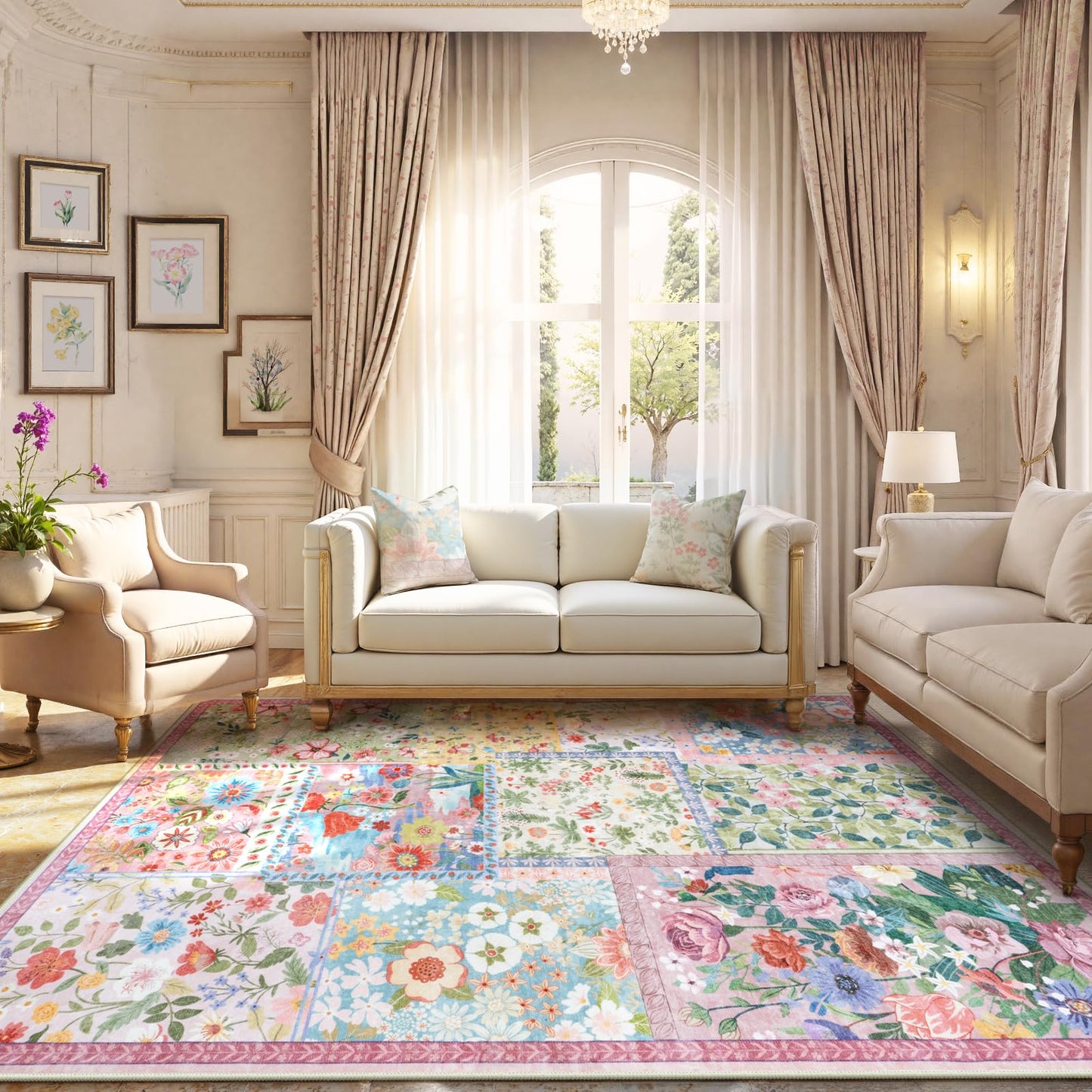 LIVEBOX Pink Washable Rugs 8x10 for Living Room, Soft Pink Rug for Bedroom,Non Slip Ultra Thin Rug Botanical Bedroom Rugs 8x10 Under Bed, Floor Carpet for Dining Room Home Office