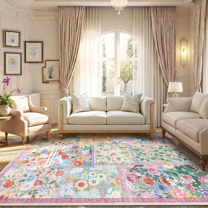 LIVEBOX Pink Washable Rugs 8x10 for Living Room, Soft Pink Rug for Bedroom,Non Slip Ultra Thin Rug Botanical Bedroom Rugs 8x10 Under Bed, Floor Carpet for Dining Room Home Office