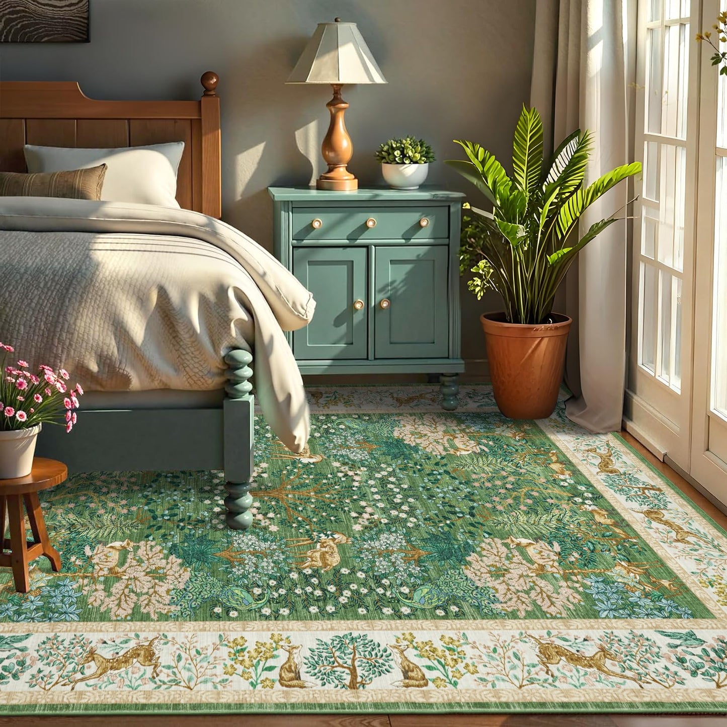 GarveeHome Forest Rugs 5x7 Living Room Rug Non Slip Washable Stain Resistant 5x7 Washable Rugs Jungle Animal Print Low Pile Soft Holiday Decor Carpet for Bedroom Laundry Room,Green