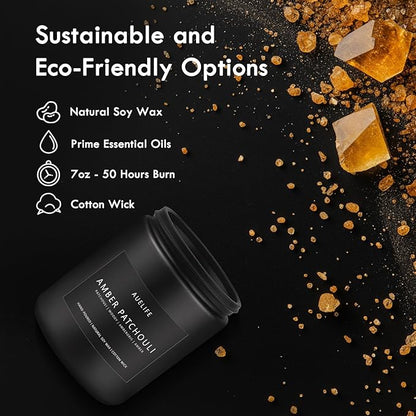 Amber & Patchouli Candle | Candles for Men - Scented Candles for Home, Gifts for Men - Soy Candle for Home Scented, Aromatherapy Manly Gift - 7oz Black Jar
