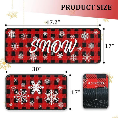 Buffalo Plaid Christmas Kitchen Rugs and Mats Set of 2 PCS, Xmas Snow Winter Holiday Party Low-Profile Floor Mat Merry Christmas Decorations for Home Kitchen - 17"x47"+17"x30"